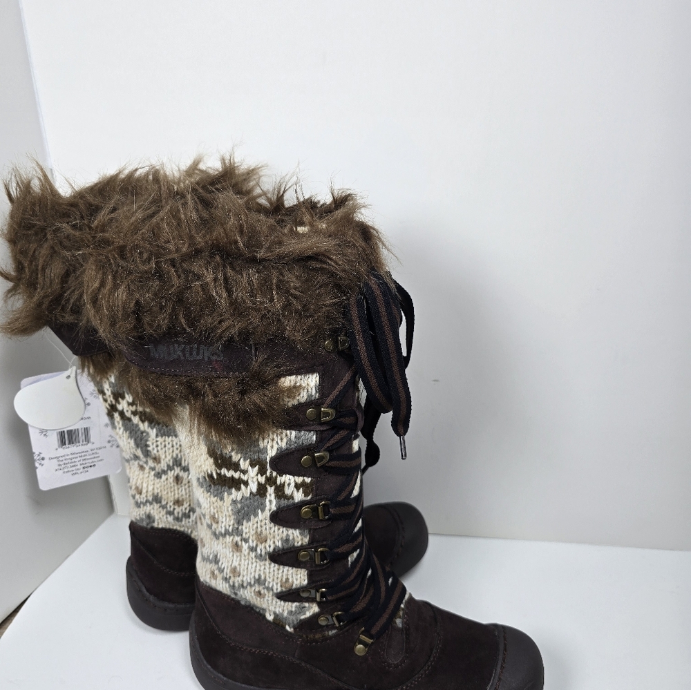 Muk Luks Faux Sherpa Knit Winter Boots Brown Waterproof Sz 7 NWT - Picture 5 of 9